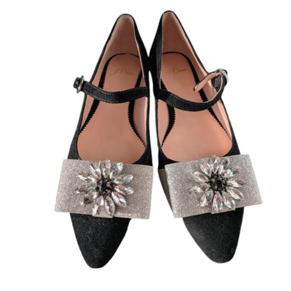 New in Box J Crew Pointed-Toe Mary Jane Black Suede Shoes with Embellished Bow - Picture 4 of 7